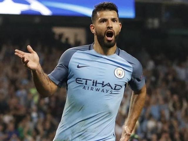 Manchester City's Sergio Aguero celebrates scoring their third goal to complete his hat trick. (Reuters Photo)