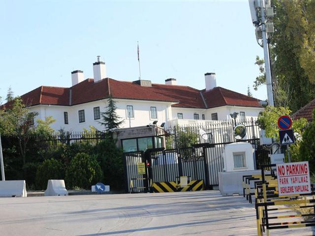The entrance of the British Embassy in Ankara is pictured on Friday. Turkish authorities detained four people as part of an investigation into a possible threat to the German and British embassies, state-run media reported. (AFP) The entrance of the British Embassy in Ankara is pictured on Friday. Turkish authorities detained four people as part of an investigation into a possible threat to the German and British embassies, state-run media reported. (AFP)