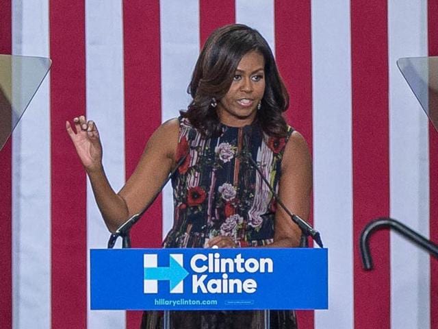 US First Lady Michelle Obama campaigns for Democratic presidential candidate Hillary Clinton at George Mason University on Friday. (AFP) US First Lady Michelle Obama campaigns for Democratic presidential candidate Hillary Clinton at George Mason University on Friday. (AFP)
