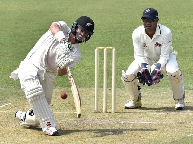 Tom Latham of New Zealand in action against Mumbai during the warm-Up match at Ferozshah Kotla Ground. (Mohd Zakir/HT PHOTO) Tom Latham of New Zealand in action against Mumbai during the warm-Up match at Ferozshah Kotla Ground. (Mohd Zakir/HT PHOTO)