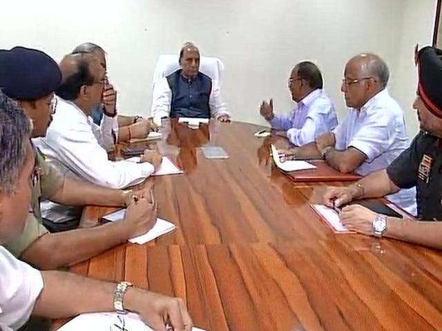 Union home minister Rajnath Singh chairs a high-level security meet to take stock of the situation after a militant attack in Uri.(ANI Photo)