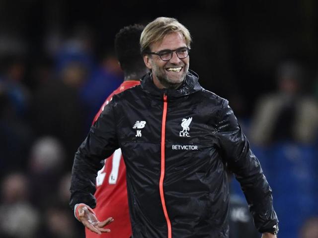 From left to right: Liverpool’s Juergen Klopp, Sadio Mane, Georginio Wijnaldum and Marko Grujic during training. (REUTERS) From left to right: Liverpool’s Juergen Klopp, Sadio Mane, Georginio Wijnaldum and Marko Grujic during training. (REUTERS)