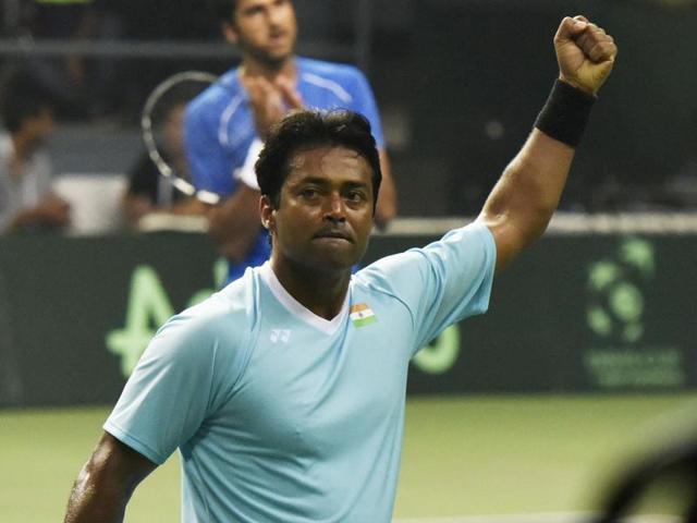 India's Leander Paes and Saketh Myeni celebrate the point against Spain's Rafael Nadal and Marc Lopez.(PTI Photo)