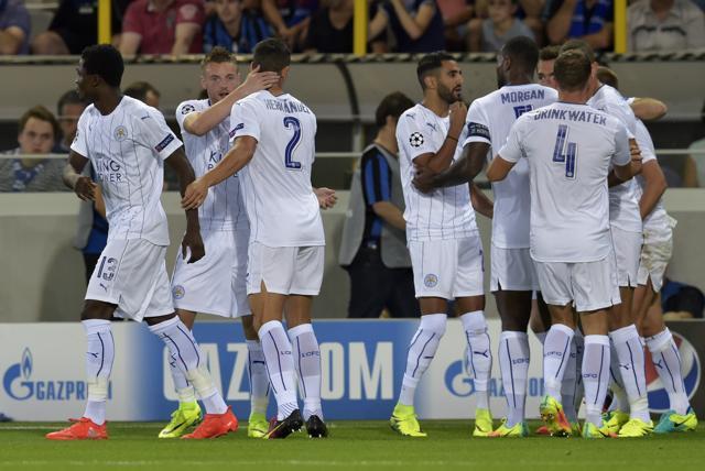 Leicester City's Marc Albrighton (hidden) celebrates scoring their first goal against Club Brugge. (REUTERS) Leicester City's Marc Albrighton (hidden) celebrates scoring their first goal against Club Brugge. (REUTERS)