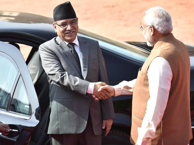 Nepal prime minsiter Pushpa Kamal Dahal ‘Prachanda’ and Indian Prime Minister Narendra Modi at Hederabad House, in New Delhi, India, on Friday. (AJay Aggarwal/HT PHOTO) Nepal prime minsiter Pushpa Kamal Dahal ‘Prachanda’ and Indian Prime Minister Narendra Modi at Hederabad House, in New Delhi, India, on Friday. (AJay Aggarwal/HT PHOTO)