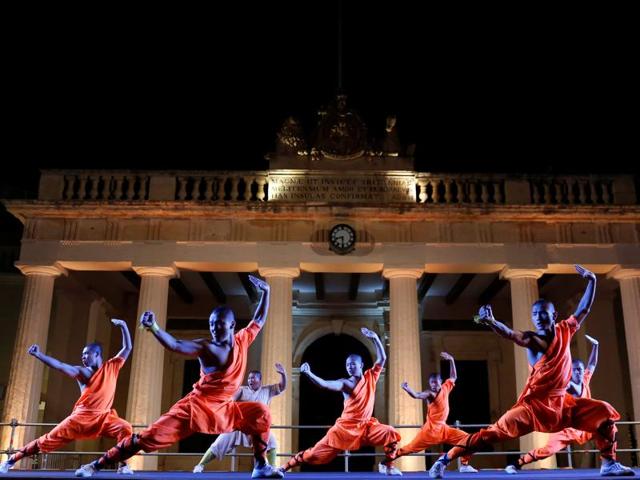 Monks from the Dengfeng Zhongyue Shaolin Boxing Culture Troupe from Henan Province in China during a performance in Valletta, Malta. (Reuters)