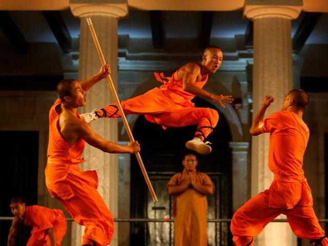 Gravity-defying moves from monks from the Dengfeng Zhongyue Boxing Culture Troupe. (REUTERS)
