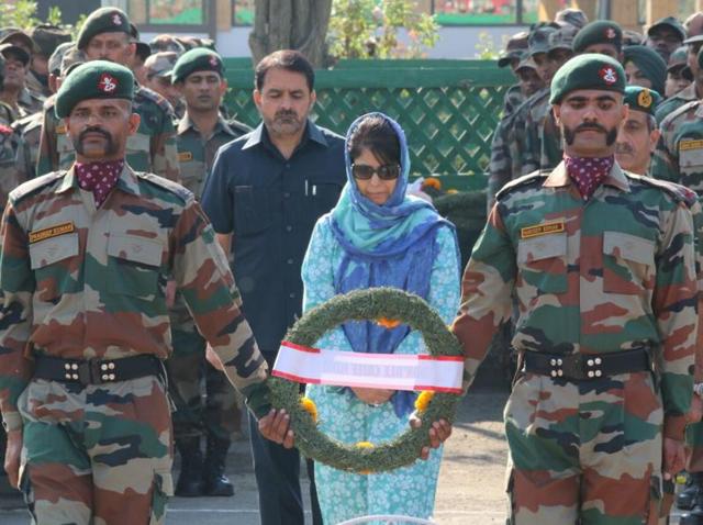 Jammu and Kashmir chief minister Mehbooba Mufti paid tribute to the 17 soldiers killed in the Uri attack on Sunday. (Waseem Andrabi/HT Photo) Jammu and Kashmir chief minister Mehbooba Mufti paid tribute to the 17 soldiers killed in the Uri attack on Sunday. (Waseem Andrabi/HT Photo)