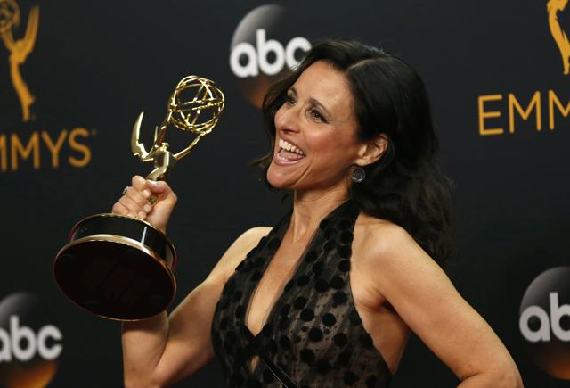 Actress Julia Louis-Dreyfus poses backstage with her award for Outstanding Lead Actress In A Comedy Series for her role in HBO's "Veep" at the 68th Primetime Emmy Awards in Los Angeles, California U.S., September 18, 2016. REUTERS/Mario Anzuoni (REUTERS)