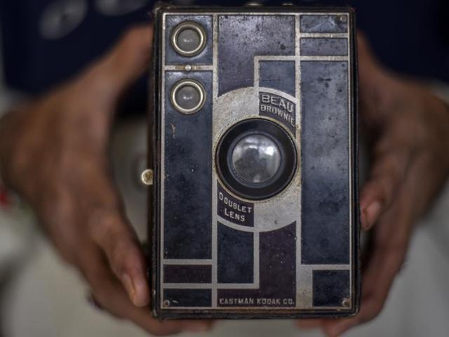 One of the most important milestones in camera history, A Beau Brownie Kodak from the early 1900s. The wildly popular and inexpensive Brownie camera, introduced the concept of the snapshot to the masses. (Kunal Patil/Hindustan Times)