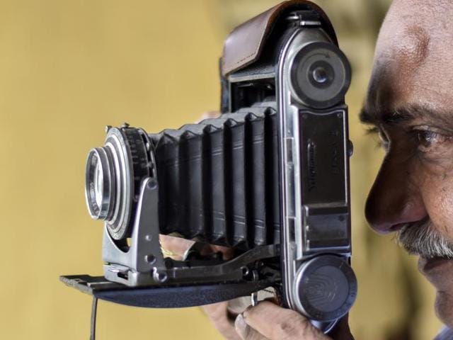 A German-made 1960 Voigtlander Bessa 2 collapsible bellows camera. ‘Cameras are my life. I can’t stay without them’, Parekh says. (Kunal Patil/Hindustan Times)