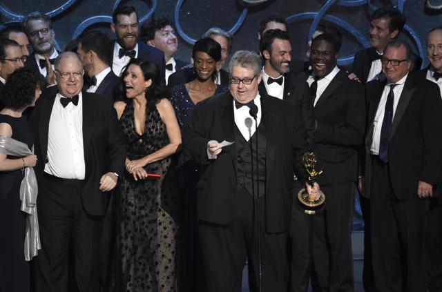 David Mandel, foreground center, and the cast and crew from “Veep” accept the award for outstanding comedy series at the 68th Primetime Emmy Awards on Sunday, Sept. 18, 2016, at the Microsoft Theater in Los Angeles. (Photo by Chris Pizzello/Invision/AP) (Chris Pizzello/Invision/AP)