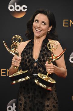 Julia Louis-Dreyfus winner of the award for outstanding lead actress in a comedy series and best comedy series for “Veep” poses in the press room at the 68th Primetime Emmy Awards on Sunday, Sept. 18, 2016, at the Microsoft Theater in Los Angeles. (Photo by Jordan Strauss/Invision/AP) (Jordan Strauss/Invision/AP)