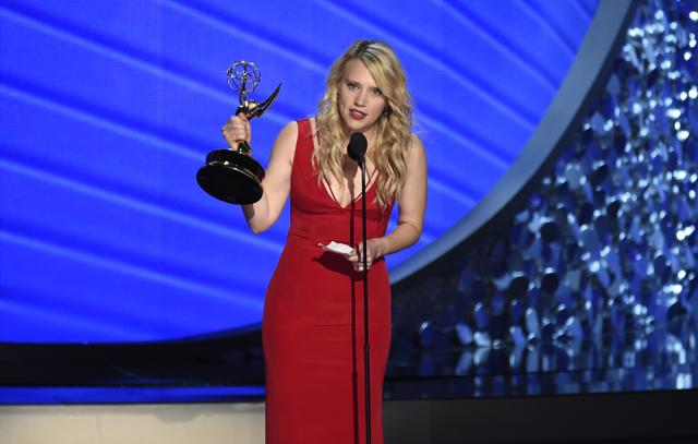 Kate McKinnon accepts the award for outstanding supporting actress in a comedy series for Saturday Night Live at the 68th Emmy Awards. (AP) Kate McKinnon accepts the award for outstanding supporting actress in a comedy series for Saturday Night Live at the 68th Emmy Awards. (AP)