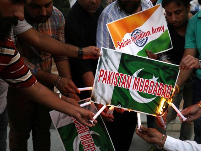 Members of the National Human Rights and Crime Control Organization protest against attack on Indian amry camp in Uri in Jammy and Kashmir, in Amritsar on Sunday. (PTI) Members of the National Human Rights and Crime Control Organization protest against attack on Indian amry camp in Uri in Jammy and Kashmir, in Amritsar on Sunday. (PTI)