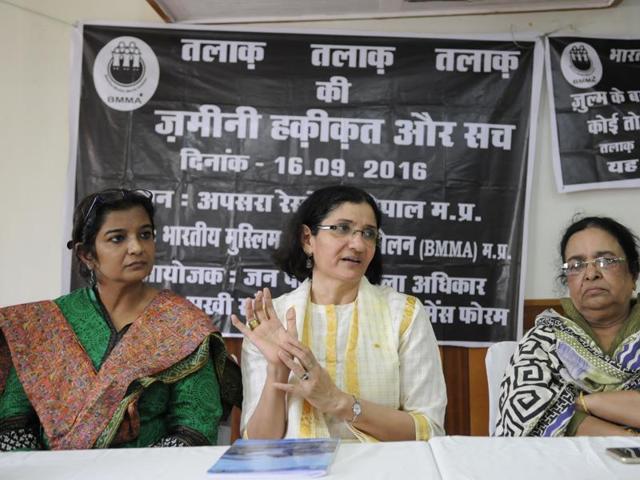 Founder of the Bhartiya Muslim Mahila Andolan Zakia Sonam addresses a press conference on their demand for abolition of triple talaq, in Bhopal. (Mujeeb Faruqui/HT File Photo) Founder of the Bhartiya Muslim Mahila Andolan Zakia Sonam addresses a press conference on their demand for abolition of triple talaq, in Bhopal. (Mujeeb Faruqui/HT File Photo)
