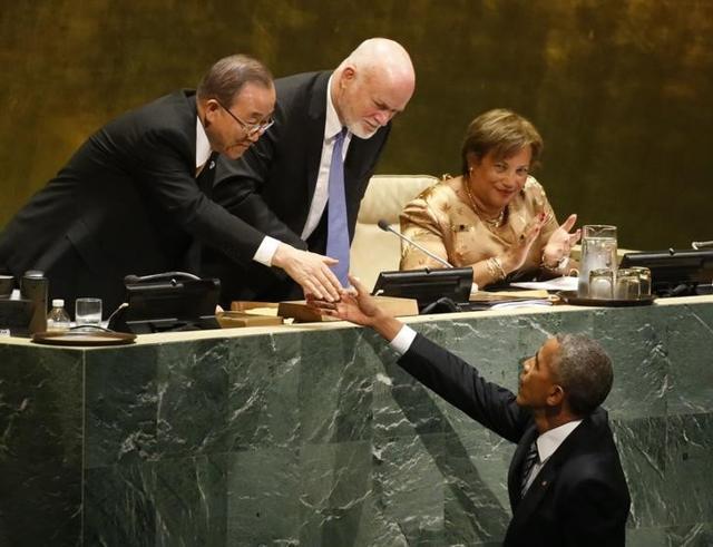 Barack Obama shakes hands with the president of the seventy-first session of the United Nations General Assembly Peter Thomson and with UN Secretary General Ban Ki-moon (L) after addressing the United Nations General Assembly (Reuters) Barack Obama shakes hands with the president of the seventy-first session of the United Nations General Assembly Peter Thomson and with UN Secretary General Ban Ki-moon (L) after addressing the United Nations General Assembly (Reuters)