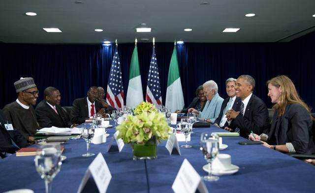 US President Barack Obama, second from right, joined by secretary of state John Kerry, third from right and the UN Ambassador to US Samantha Power, right, participates in a bilateral meeting with Nigerian President Muhammadu Buhari, left, on the margins of 71st session of the United Nations General Assembly on Tuesday (AP) US President Barack Obama, second from right, joined by secretary of state John Kerry, third from right and the UN Ambassador to US Samantha Power, right, participates in a bilateral meeting with Nigerian President Muhammadu Buhari, left, on the margins of 71st session of the United Nations General Assembly on Tuesday (AP)