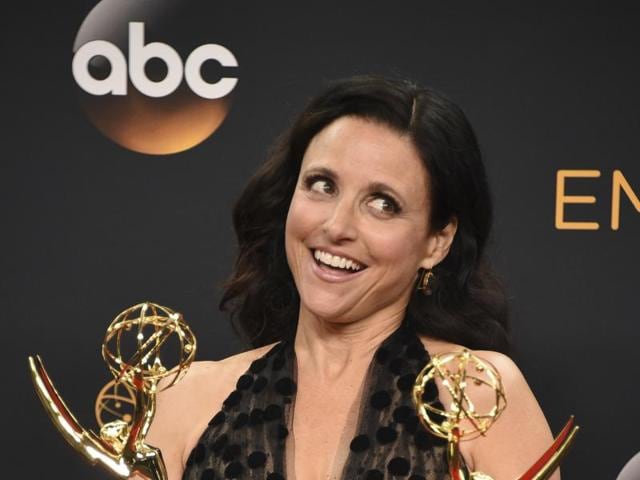 Julia Louis-Dreyfus winner of the award for outstanding lead actress in a comedy series and best comedy series for “Veep” poses in the press room at the 68th Primetime Emmy Awards.(Jordan Strauss/Invision/AP)