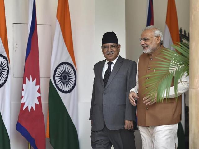 Nepal Prime Minister Pushpa Kamal Dahal “Prachanda” and his Indian counterpart Narendra Modi during a ceremonial reception at the Rashtrapati Bhawan in New Delhi on September 16. (HT PHOTO) Nepal Prime Minister Pushpa Kamal Dahal “Prachanda” and his Indian counterpart Narendra Modi during a ceremonial reception at the Rashtrapati Bhawan in New Delhi on September 16. (HT PHOTO)