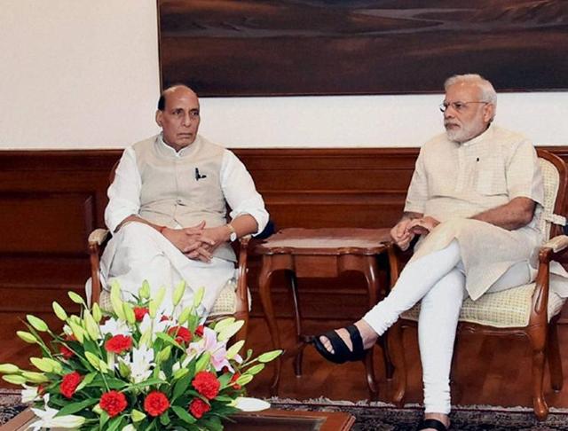 Prime Minister Narendra Modi with home minister Rajnath Singh at a meeting in the wake of the Uri attack, in New Delhi on Monday.(PTI) Prime Minister Narendra Modi with home minister Rajnath Singh at a meeting in the wake of the Uri attack, in New Delhi on Monday.(PTI)