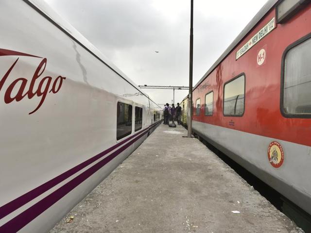 A high-speed Talgo Talgo train stands on a platform next to a Rajdhani Express at the New Delhi railway station in New Delhi. (Raj K Raj/HT Photo) A high-speed Talgo Talgo train stands on a platform next to a Rajdhani Express at the New Delhi railway station in New Delhi. (Raj K Raj/HT Photo)