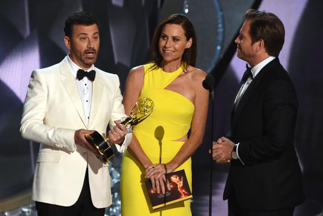 Host Jimmy Kimmel (L), actors Minnie Driver (C), and Michael Weatherly speak onstage during the 68th Emmy Awards show. (AFP) Host Jimmy Kimmel (L), actors Minnie Driver (C), and Michael Weatherly speak onstage during the 68th Emmy Awards show. (AFP)
