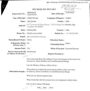 In an application to the home ministry, Ajay Kumar questioned what India’s chances of survival were if it was attacked by “alien zombies” and “extra-dimensional beings. (Twitter) In an application to the home ministry, Ajay Kumar questioned what India’s chances of survival were if it was attacked by “alien zombies” and “extra-dimensional beings. (Twitter)