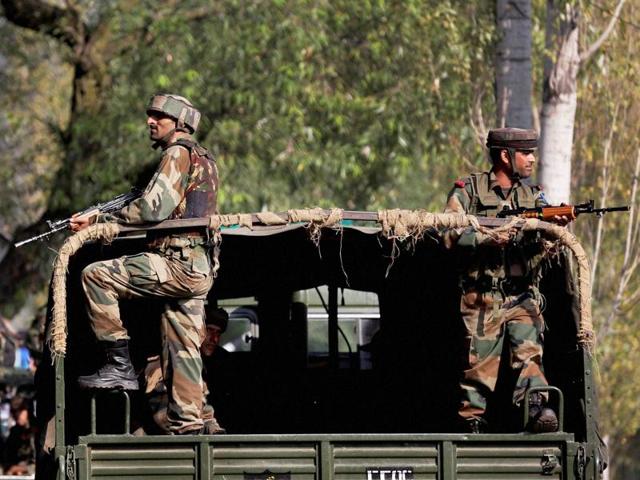 Soldiers guard outside the Uri army base which was attacked by the militants.(PTI)