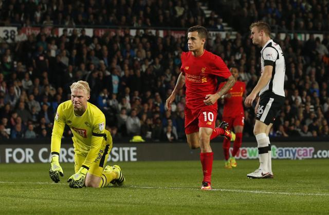 Liverpool's Philippe Coutinho celebrates scoring their second goal. (REUTERS) Liverpool's Philippe Coutinho celebrates scoring their second goal. (REUTERS)