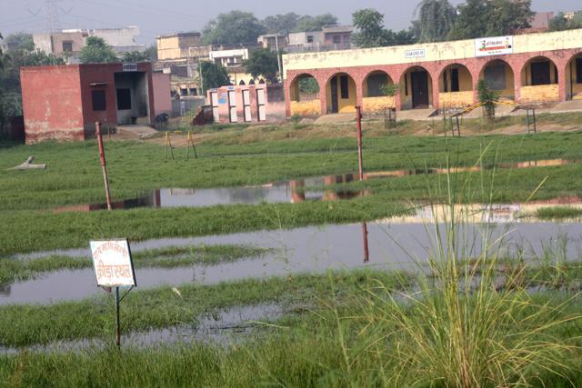 The waterlogged playground at the school in Khrari village of Rohtak district. (Manoj Dhaka/HT Photo)