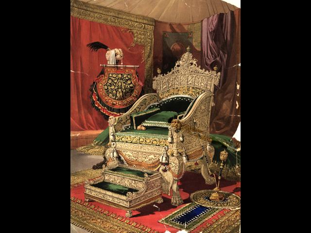 The ivory throne and footstool presented to Queen Victoria by the Maharaja of Travancore on display in the Industrial Arts of the 19th Century gallery of the 1851 Great Exhibition. An engraving by F Bedford. (Getty Images)