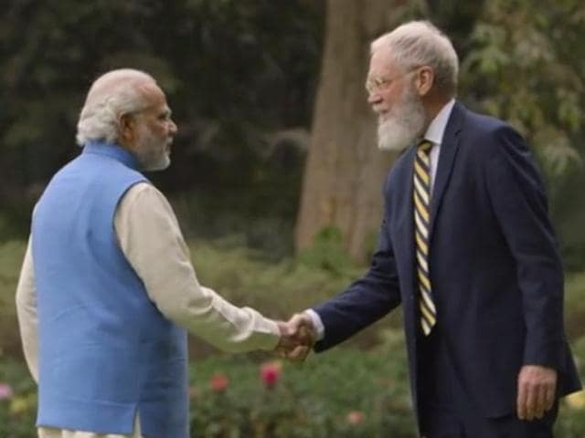 PM Narendra Modi shakes hands with David Letterman ahead of the interview for National Geographic at his official residence 7 Race Course Road, in New Delhi.(Vimeo screengrab)