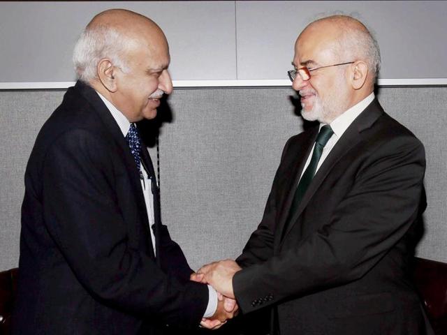 MJ Akbar (left) ), the Union minister of state (MOS) for external affairs, greets Iraqi foreign minister Ibrahim al-Eshaiker al-Jafari before a bilateral meeting on the sidelines of UN Summit on Refugees and Migrants at the United Nations in New York on Monday.(PTI) MJ Akbar (left) ), the Union minister of state (MOS) for external affairs, greets Iraqi foreign minister Ibrahim al-Eshaiker al-Jafari before a bilateral meeting on the sidelines of UN Summit on Refugees and Migrants at the United Nations in New York on Monday.(PTI)