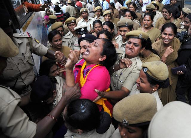 Kannada activists are arrested in Bengaluru while protesting against the Supreme Court’s order to share Cauvery water with Tamil Nadu. (PTI) Kannada activists are arrested in Bengaluru while protesting against the Supreme Court’s order to share Cauvery water with Tamil Nadu. (PTI)
