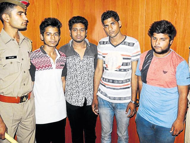 The accused — identified as Rohit, Sagar Chauhan, Yash Tyagi and Prince Tyagi — allegedly robbed the B.Tech student, Ravi Shankar, around 4pm on Tuesday.(Burhaan Kinu/Hindustan Times)
