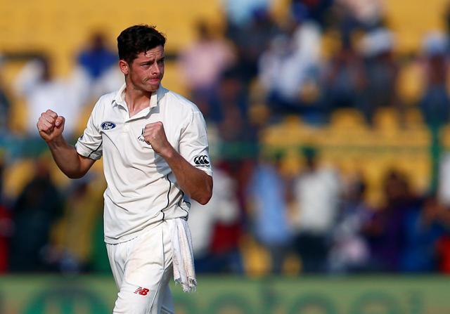 New Zealand's Mitchell Santner celebrates after taking the wicket of India's Rohit Sharma. (REUTERS) New Zealand's Mitchell Santner celebrates after taking the wicket of India's Rohit Sharma. (REUTERS)