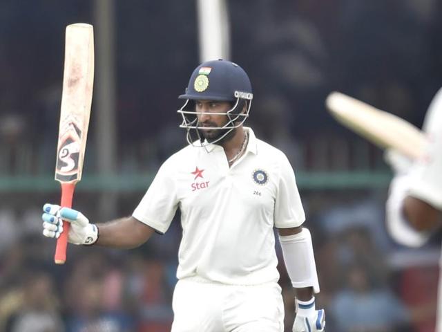 Cheteshwar Pujara celebrates after reaching his 50. (Ajay Aggarwal/HT PHOTO) Cheteshwar Pujara celebrates after reaching his 50. (Ajay Aggarwal/HT PHOTO)