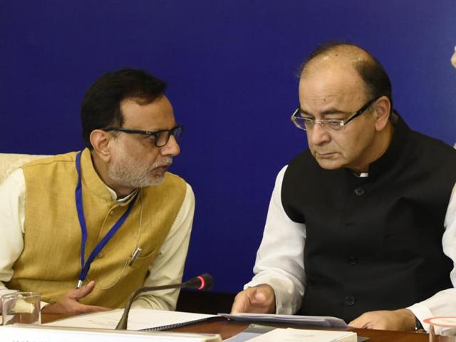 Finance minister Arun Jaitley with financial services secretary Hasmukh Adhia attend the first meeting of the Goods and Services Tax Council at Vigyan Bhawan in New Delhi on Thursday. (Sonu Mehta/HT PHOTO) Finance minister Arun Jaitley with financial services secretary Hasmukh Adhia attend the first meeting of the Goods and Services Tax Council at Vigyan Bhawan in New Delhi on Thursday. (Sonu Mehta/HT PHOTO)