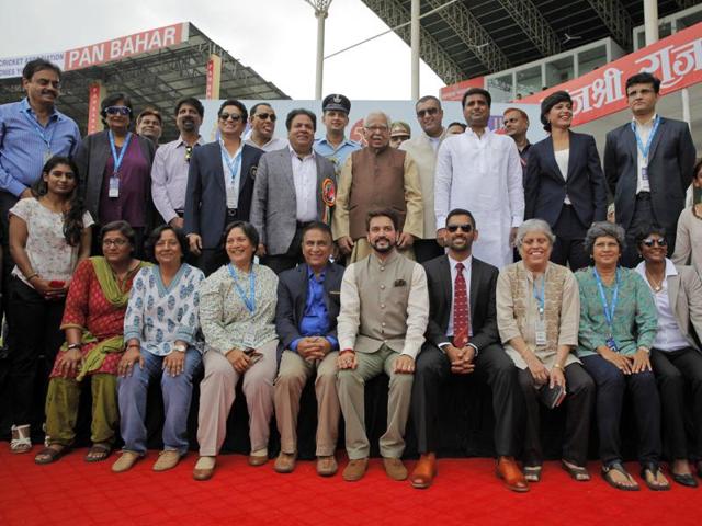 India's former test captains pose for a group photo with others after a felicitation to mark the 500th cricket test of the Indian team. (AP Photo) India's former test captains pose for a group photo with others after a felicitation to mark the 500th cricket test of the Indian team. (AP Photo)