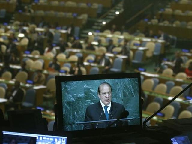 Prime Minister Nawaz Sharif of Pakistan is seen on a monitor in a booth as he addresses the United Nations General Assembly in the Manhattan borough of New York, U.S., September 21, 2016. REUTERS/Carlo Allegri