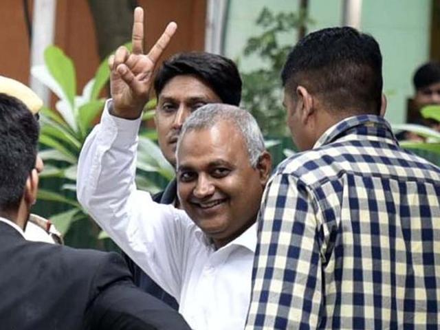 Bharati was arrested on Thursday for allegedly assaulting security staff at Delhi’s All India Institute of Medical Sciences earlier this month. (Arun Sharma/HT PHOTO) Bharati was arrested on Thursday for allegedly assaulting security staff at Delhi’s All India Institute of Medical Sciences earlier this month. (Arun Sharma/HT PHOTO)