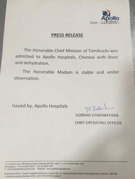 A press note by Apollo Hospitals, Chennai on Jayalalithaa’s health. (HT Photo)