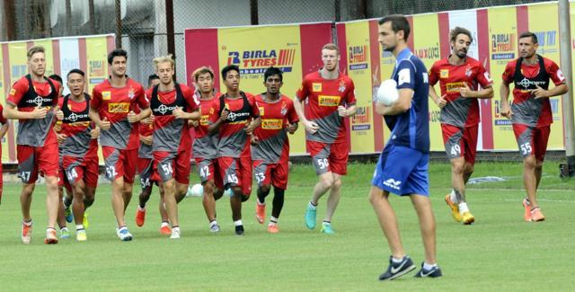 ATK players practice ahead of ISL 3. (Subhankar Chakraborty/HT Photo)