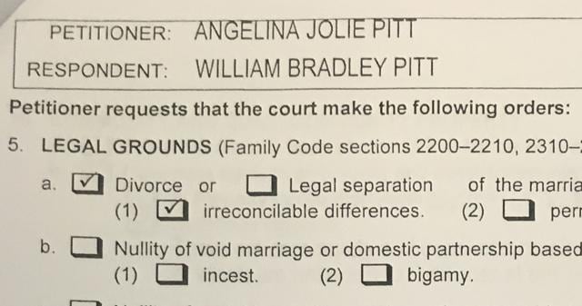A copy of papers filed at Los Angeles Superior Court by Angelina Jolie shows her petition for divorce from her husband Brad Pitt in Los Angeles. (REUTERS) A copy of papers filed at Los Angeles Superior Court by Angelina Jolie shows her petition for divorce from her husband Brad Pitt in Los Angeles. (REUTERS)