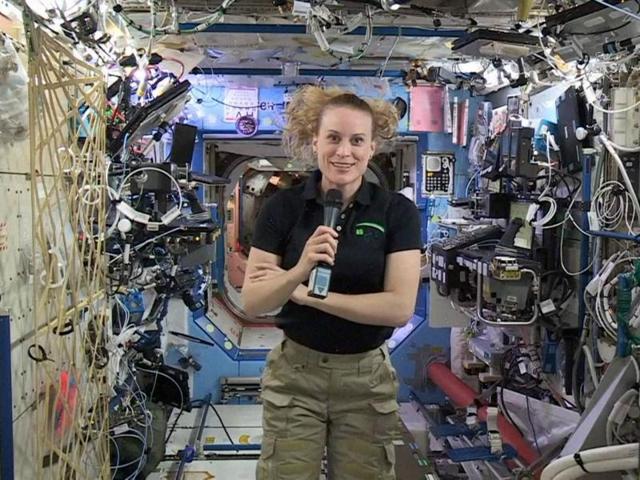 In this image from video made available by NASA, U.S. astronaut Kate Rubins speaks aboard the International Space Station during an interview on Thursday. (AP) In this image from video made available by NASA, U.S. astronaut Kate Rubins speaks aboard the International Space Station during an interview on Thursday. (AP)