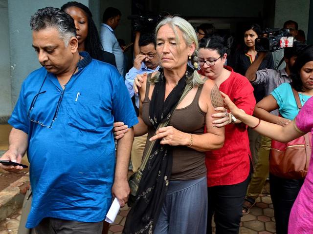 Fiona MacKeown, mother of Scarlett Keeling, leaves the court premises along with her lawyer Vikram Verma, left, in Panaji. (AP) Fiona MacKeown, mother of Scarlett Keeling, leaves the court premises along with her lawyer Vikram Verma, left, in Panaji. (AP)