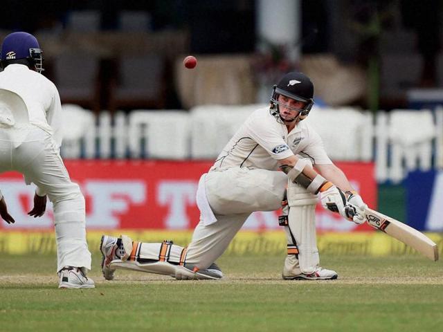 Kanpur: New Zealand's Tom Latham plays a shot on the second day of the first Test match against India at Green Park in Kanpur on Friday. PTI Photo by Atul Yadav (PTI9_23_2016_000069A)(PTI)