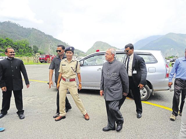 President Pranab Mukherjee at Gauchar helipad in Chamoli district in June after his chopper failed to land at Kedarnath due to bad weather. (HT file photo) President Pranab Mukherjee at Gauchar helipad in Chamoli district in June after his chopper failed to land at Kedarnath due to bad weather. (HT file photo)