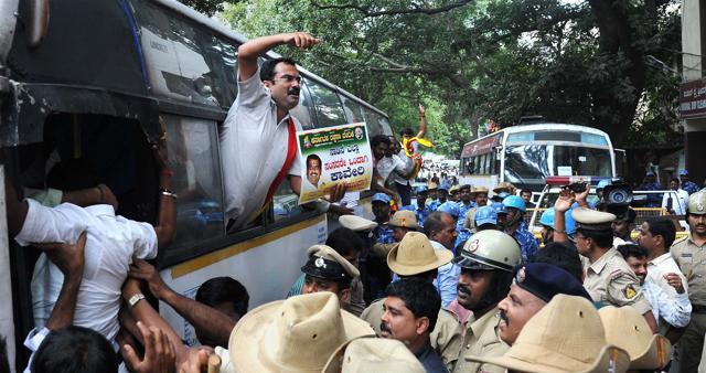 Pro Kannada activists were arrested for trying to stage a protest over the Cauvery dispute, at Gandhinagar in Bengaluru. (PTI Photo) Pro Kannada activists were arrested for trying to stage a protest over the Cauvery dispute, at Gandhinagar in Bengaluru. (PTI Photo)
